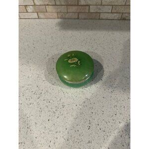 Vintage Green Alabaster Floral Daisy Hinged Round Jewelry Box